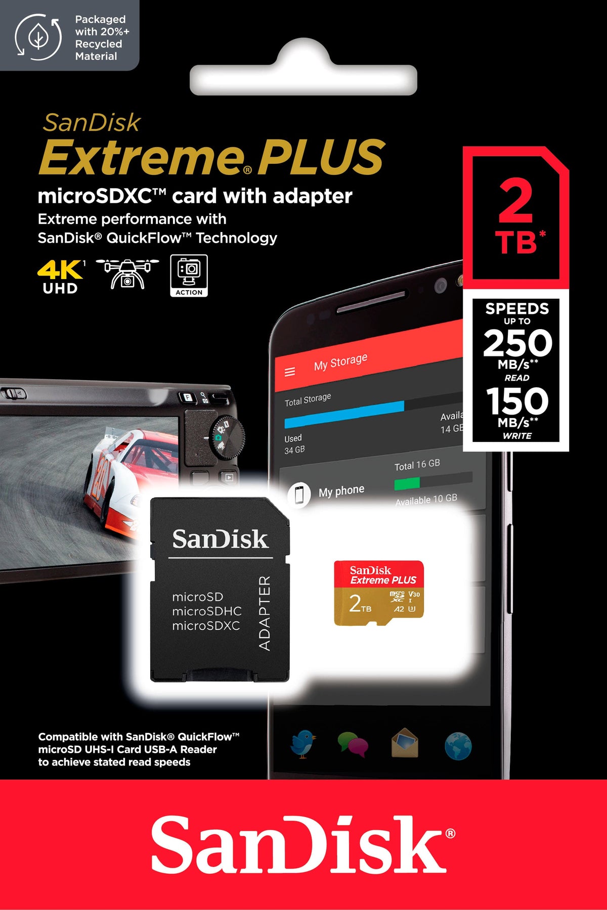 SANDISK - 2TB Extreme PLUS microSDXC UHS-I Memory Card, R/W up to 250/150MB/s