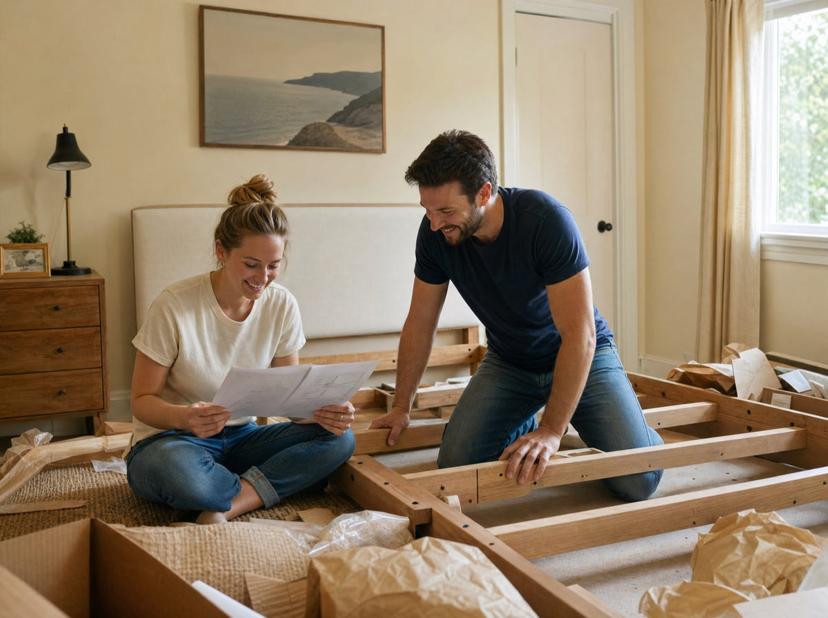A couple assembling a new bed frame together at home