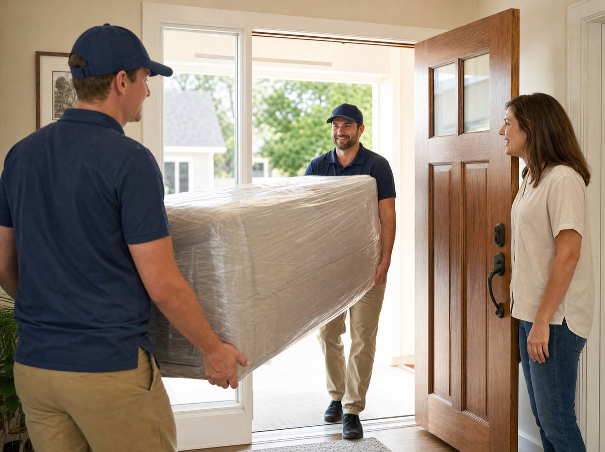 Delivery workers carrying a new sofa into a customer's home