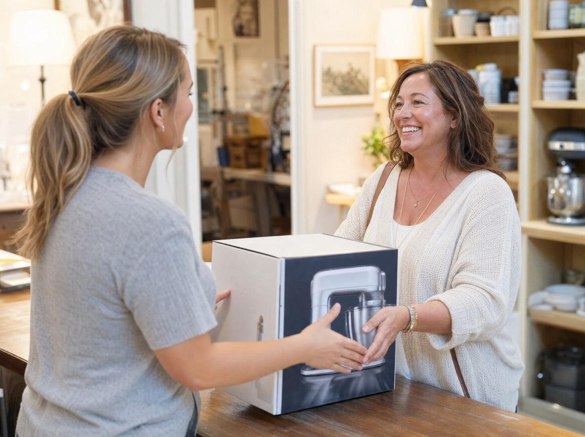 A store associate handing a boxed kitchen appliance to a happy customer