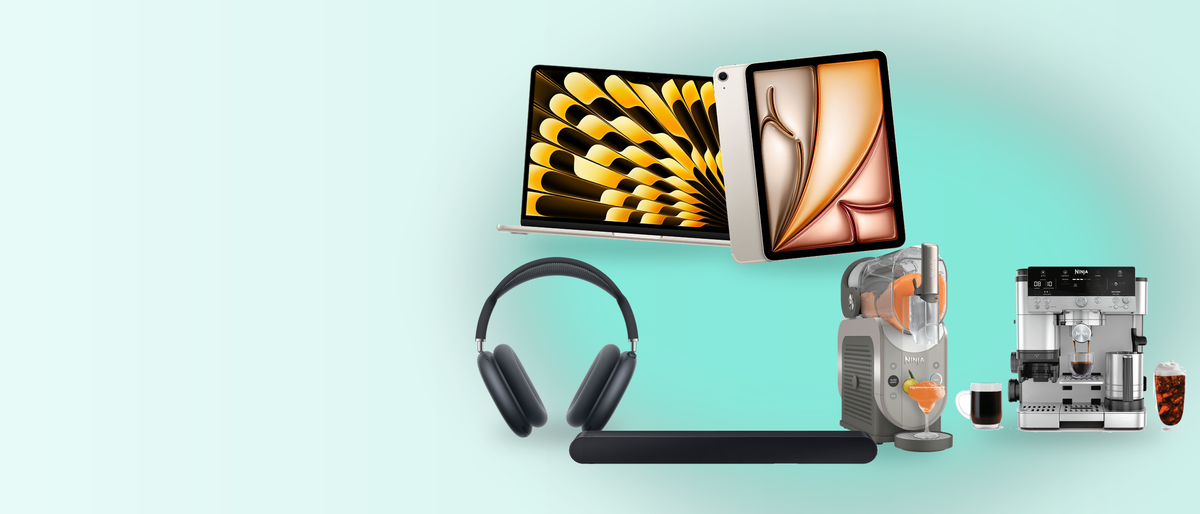 A MacBook Air and iPad Air, AirPods Max headphones, a soundbar, a Ninja Slushi frozen drink maker and a Ninja Luxe Café espresso machine
