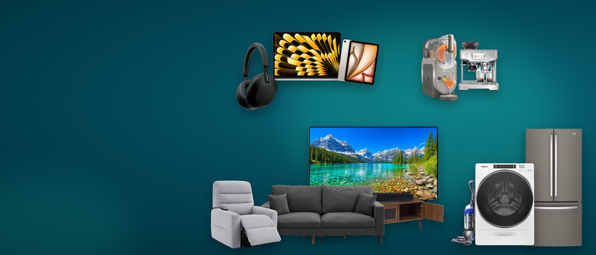Headphones, a MacBook and iPad, a slushie maker, espresso machine and vacuum, a TV, a washer and refrigerator, and a sofa, recliner and TV stand