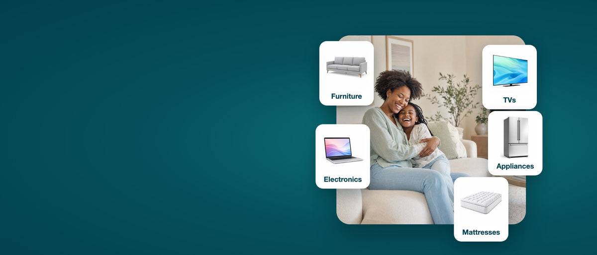 A mother and daughter laughing on their new sofa, with cards for furniture, TVs, appliances, electronics and mattresses